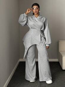 Mawevolt Plus Size Solid Color Hooded Cinched Waist Asymmetrical Hem Sweatshirt + Flared Sweatpants 2 Pieces Casual Set Fall - Grey - View 5