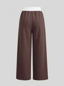 SHEIN Pantalones largos casuales de uso diario con cintura con cordón y bloques de color para niña preadolescente - Marrón - Ver 3