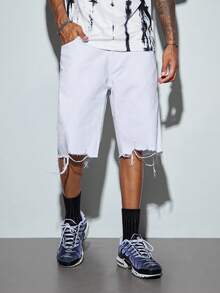 Modcrash Men's Ripped Denim Shorts, Korean Style Loose Fit Casual Knee-Length Jeans Shorts - White - View 4