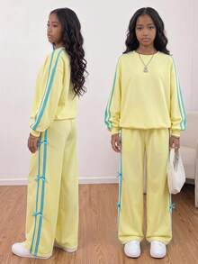 Girlism Tween Girl Bowknot Decor Colorblock Casual Daily Long Sleeve Sweatshirt - Yellow - View 4