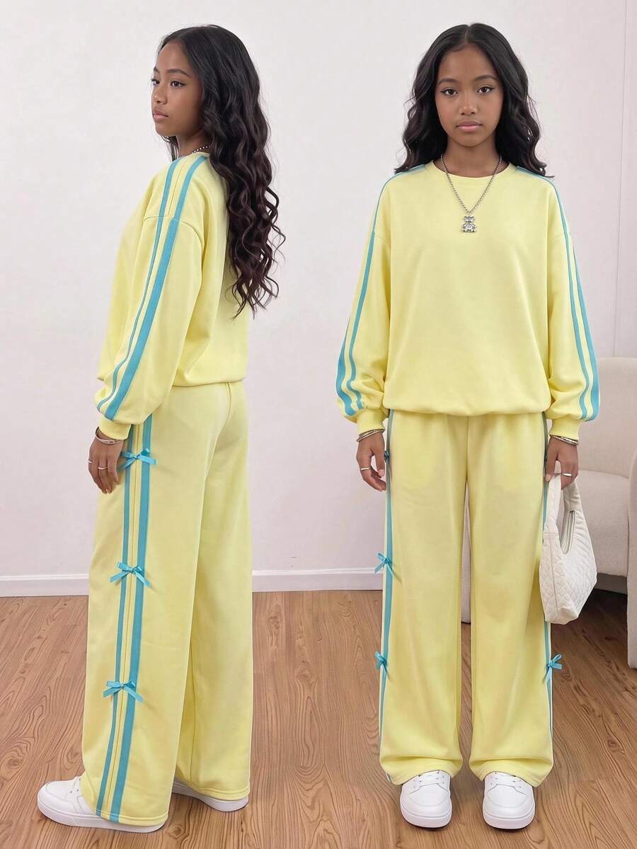 Girlism Tween Girl Bowknot Decor Colorblock Casual Daily Long Sleeve Sweatshirt - Yellow - View 1