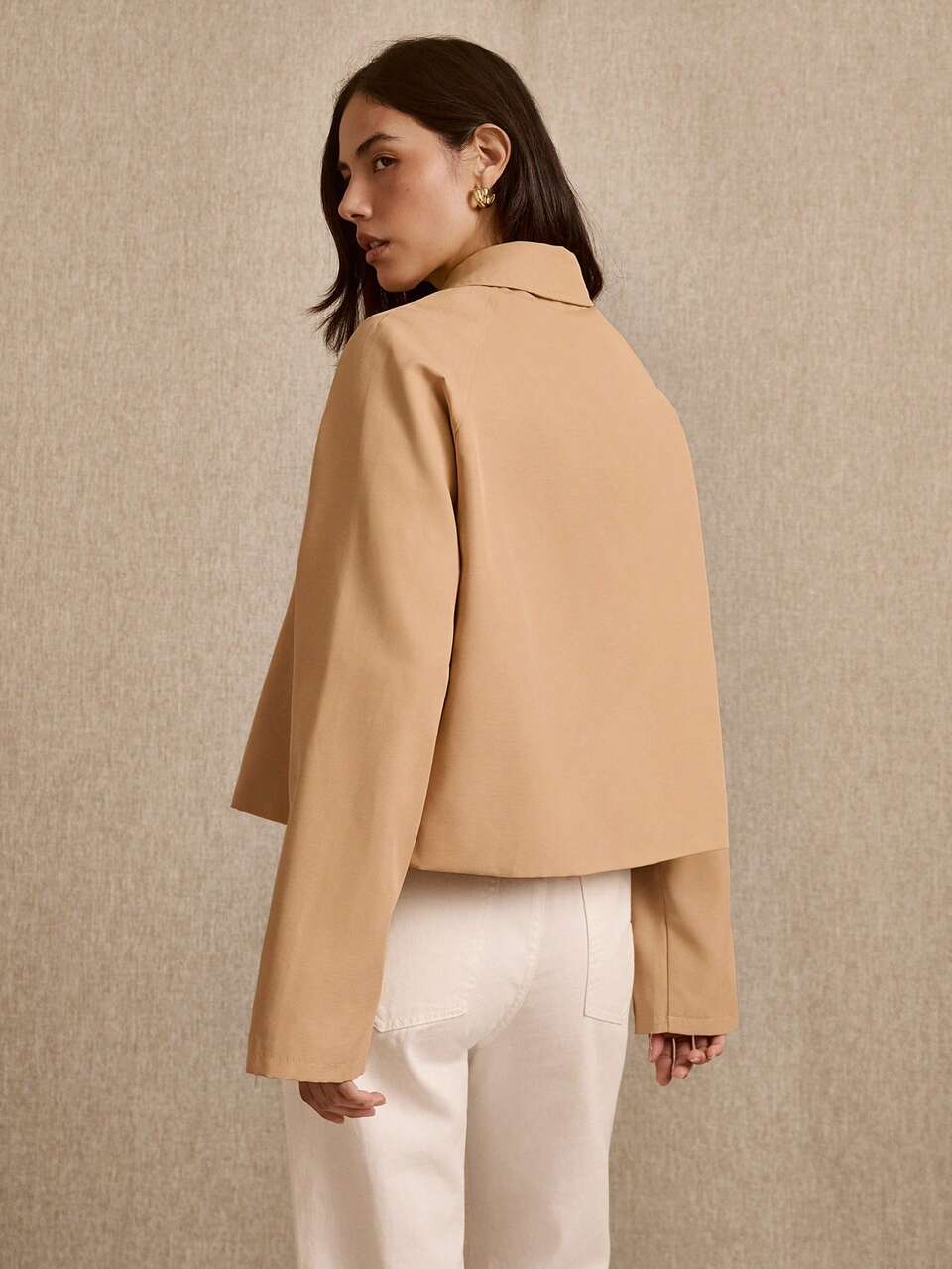 Beige Crop Trench With Check Lining All Over