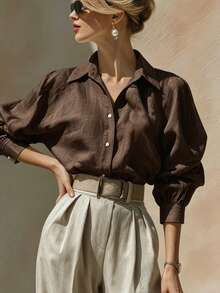 SHEIN Women's Solid Color Single-Breasted Casual Versatile Daily Wear Shirt - Brown - View 1