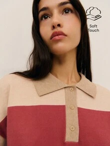 Nöista 寬鬆橄欖球風針織毛衣，附 Polo 領，優雅秋季休閒針織衫，適合返校、週末、日常穿搭 - 藕粉色 - 查看 3