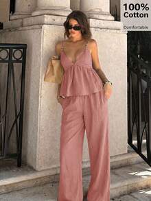 Siren Gaze Women's Solid Color Pleated Cami Top & Long Pants Casual Daily 2 Pieces Set - Dusty Pink - View 7