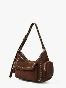 Viva Strut Ladies Fashionable Street Personalized Sweet Cool Spice Y2K Vintage Rivet Suede Shoulder Bag, Daily Shopping Commuter School Dating - Dark coffee - View 3