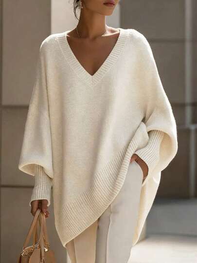 SHEIN Fall Winter Lazy Chic Asymmetric Hem V Neck Sweater Women Balloon Sleeve Drop Shoulder Loose Fit Sof
