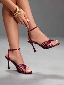 CUCCOO SZL Women's Burgundy Stilettos With Buckle Ankle Straps - Crossed Sandals For Gorgeous Parties And Formal Occasions - Burgundy - View 3