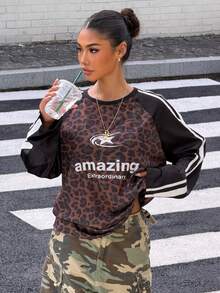 Muchica Women's Leopard Print Letter Graphic Patchwork Casual Street Wear Everyday T-Shirt Everyday Black And White Leopard Print Autumn - Multicolor - View 1