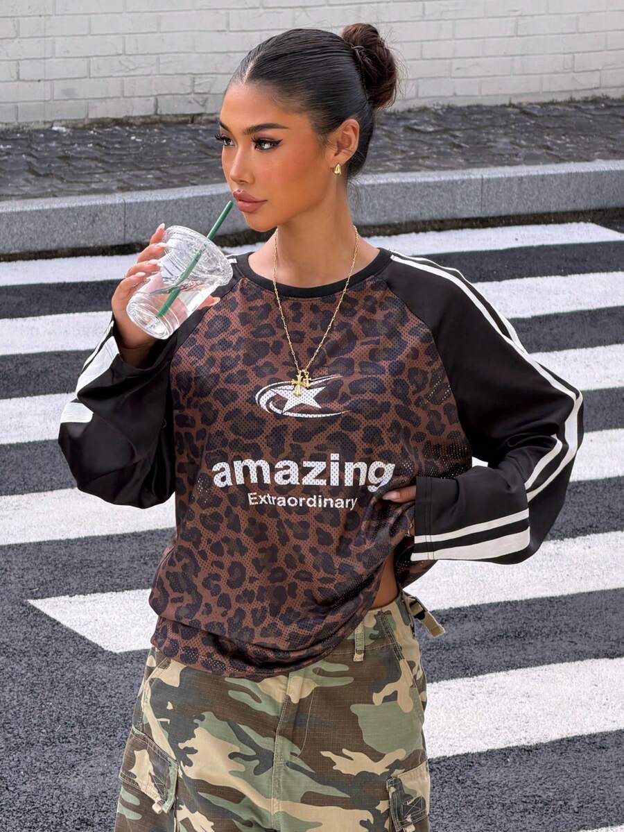 Muchica Women's Leopard Print Letter Graphic Patchwork Casual Street Wear Everyday T-Shirt Everyday Black And White Leopard Print Autumn - Multicolor - View 1