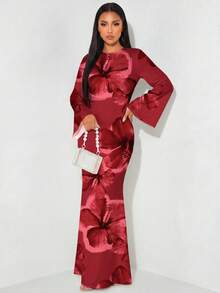 Veilorie 女款優雅長袖喇叭袖後綁腰美人魚裙擺洋裝 - 白色 - 查看 1