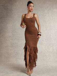 Silquee Women's Solid Color Tassel Design Casual Daily Knit Dress - Camel - View 3