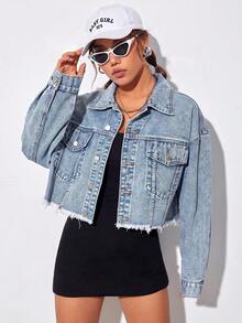 Jeanoix Plus Size Fashion Single-Breasted Frayed Pocket Cropped Denim Jacket - Light Wash - View 4