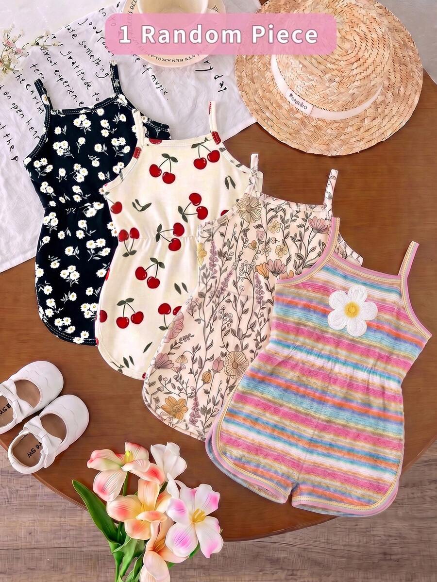 1pc Random, Baby Girl Summer New Soft Fabric Floral & Cherry Print Spaghetti Strap Round Neck Casual Romper, Daily Wear Cute Style - Multicolor - View 1