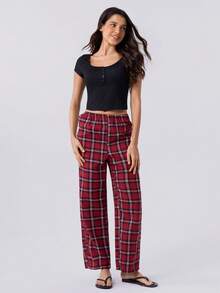 Loungeista 2pcs/Set Sexy Slim Square Neck Button-Up Short Sleeve Top And Plaid Pants Loungewear - Black - View 5