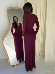 Aloruh Halloween Party Sexy Elegant Purple-Red Deep V-Neck Long Sleeve Ruched Bodycon Dress For Party And Dance - Red Violet - View 2