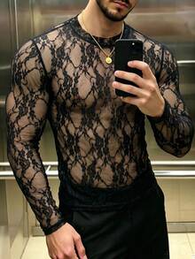 ZURIURI Men's Elegant Streetwear Sexy Casual Lace Sheer Long Sleeve T-Shirt Halloween Club Party Black Floral Autumn - Black - View 5