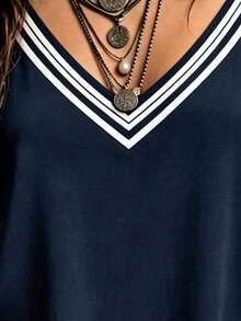 Trelyra Women's Loose V-Neck Striped Camisole, Backless Tie-Up Design, Suitable For Spring/Summer Street & Vacation Wear - Blue - View 3