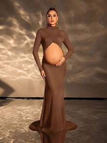 Cheriluna Maternity 孕婦純色優雅長袖鏤空魚尾下擺洋裝，適合攝影拍照，夏季穿著 - 棕色 - 查看 6