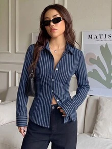SHEIN EZwear 女款休閒收腰長袖襯衫，條紋襯衫，秋季/冬季女裝，通勤穿搭，夏季服飾，街頭風，適合日常通勤、約會、派對、秋季/冬季、夏季、派對、婚禮、海灘、畢業典禮，優雅休閒，外出穿搭，Y2K，音樂節穿搭，度假服飾，返校穿搭 - 彩色 - 查看 3