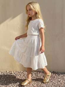 DAZY Young Girl A-Line Loose Elastic Waist Ruffle Hem Skirt - White - View 5