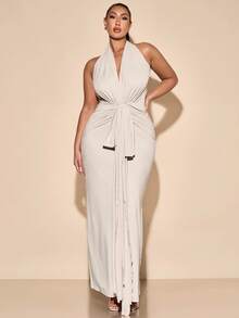 SHEIN BAE Plus Size Women Elegant Long V-Neck Halter Backless Dress, Suitable For Daily Wear, Outing, Dates, Afternoon Tea, Vacation, Spring/Summer - Apricot - View 3