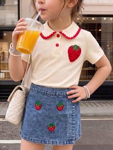 THE HAPPY LOOK Young Girl' Strawberry Pattern Peter Pan Collar Short Sleeve Top And Skirt Set - Apricot - View 8