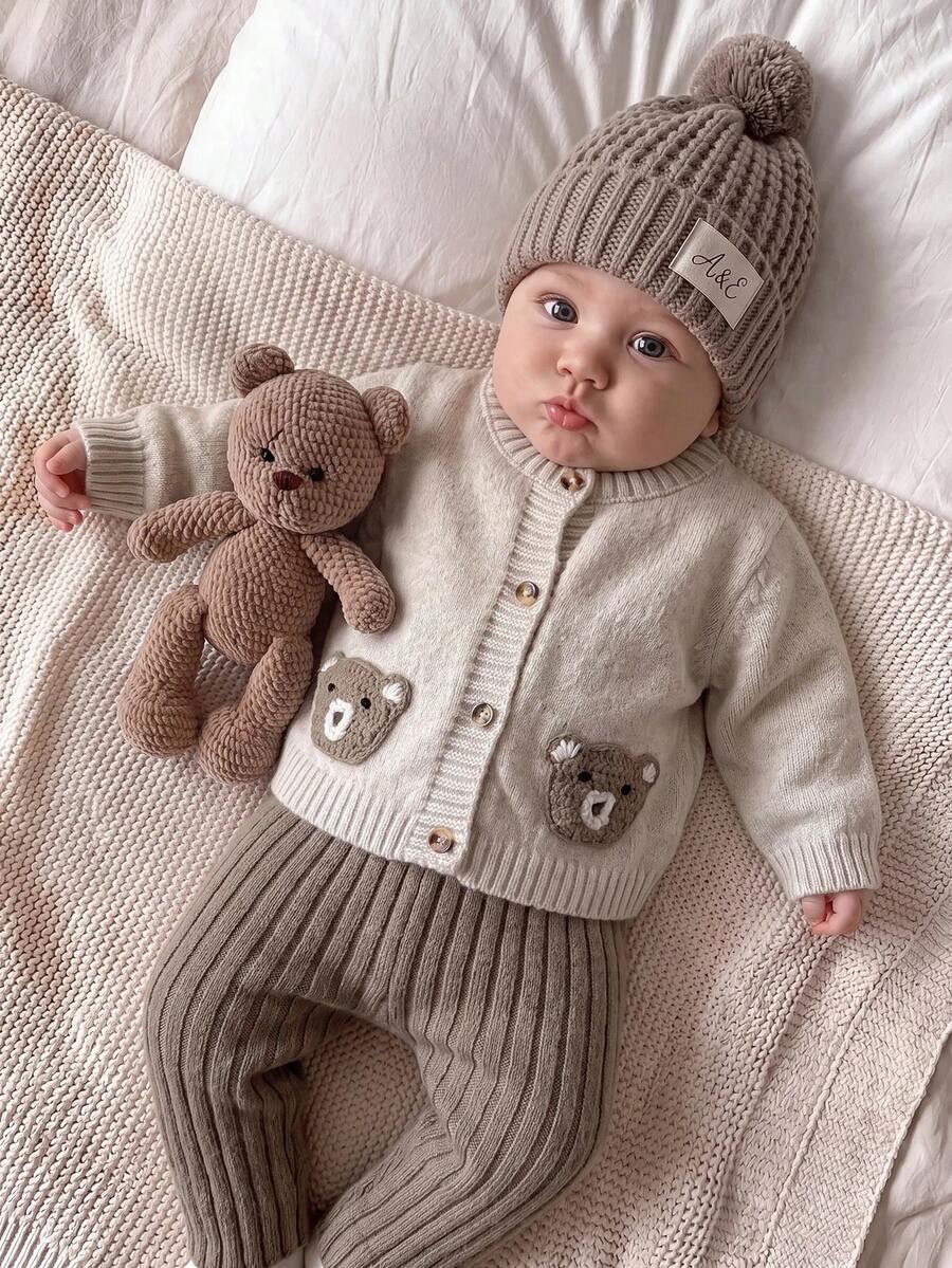 2pcs Baby Girl Elegant 3D Bear Decor Cardigan Long Sleeve And Ribbed Long Pants Set Neutral - Beige - View 1