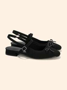CUCCOO BASICS Elegant Black Knitted Flats For Women Bow Embellished Slingback Design With Adjustable Ankle Strap - Black - View 3