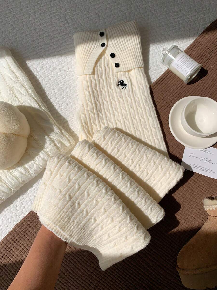 Comfortcana 女款刺繡麻花針織寬腿褲，適合夜生活與居家，黑白配色，秋季休閒款