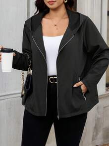 Reflora 大尺碼女款純色連帽拉鍊休閒日常長袖夾克 - 黑色 - 查看 4