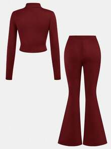 SHEIN Girlism NovaGlow 青少年女孩運動休閒日常針織素色開襟外套與喇叭褲套裝 - 紅色 - 查看 5