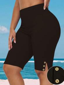 EMERY ROSE Plus Size Women Solid Color High Waist Casual Versatile Daily Wear Skinny Shorts - Brown - View 1