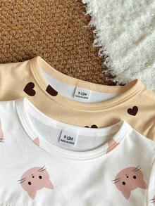 SHEIN Vintaside Kids 4件組女嬰秋季套裝 可愛圖案小貓與愛心印花 淡粉色長袖荷葉邊上衣搭配長褲 親子款休閒穿搭 - 彩色 - 查看 3