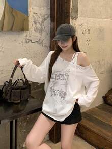 DAZY Kaos Wanita Model Bahu Asimetris Gaya Korea Musim Semi/Panas, Kaos Grafis Lucu, Atasan Longgar untuk Wanita - Putih - View 3