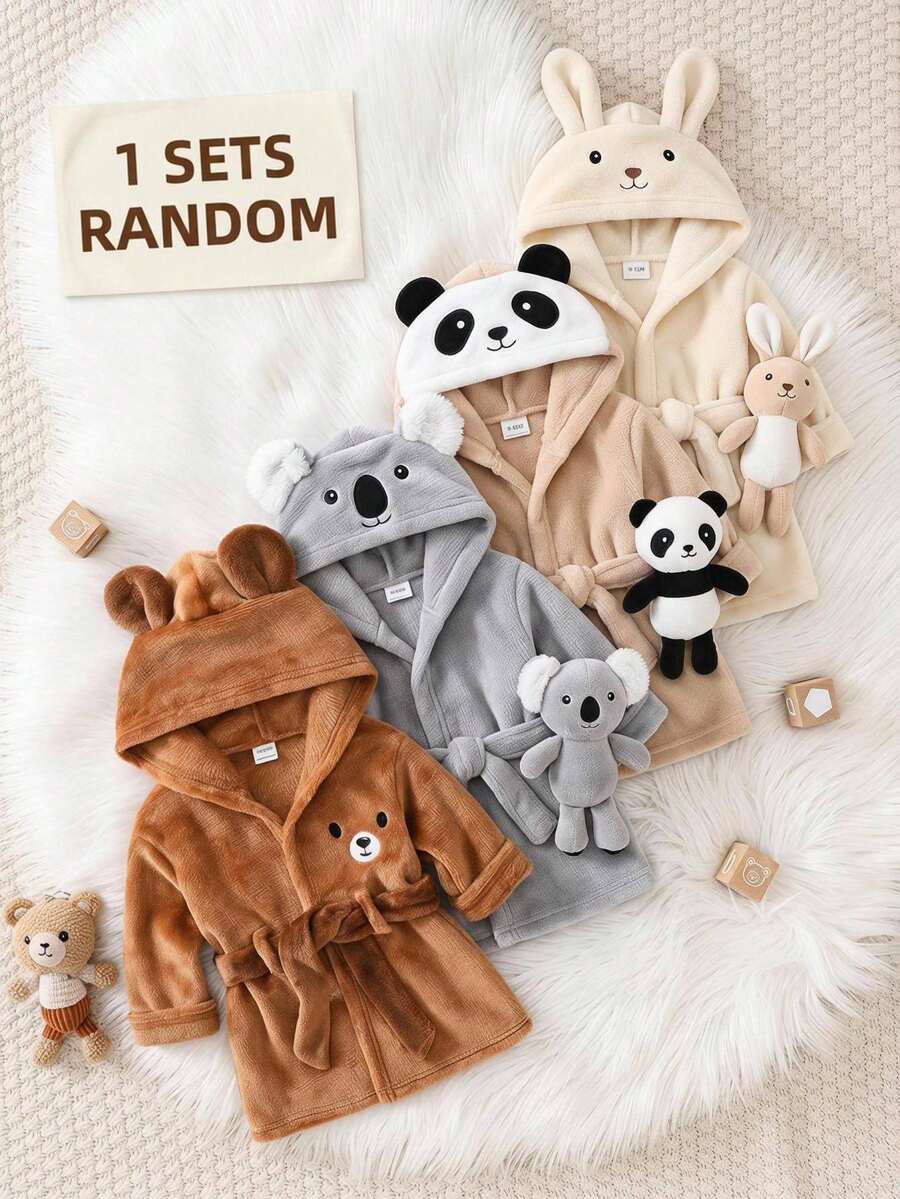 SHEIN 男嬰秋冬可愛動物熊刺繡長袖連帽法蘭絨睡衣 - 棕色 - 查看 1