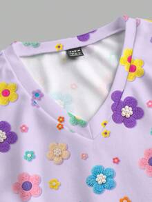 PopScrub Fun Floral Print Purple Casual Minimalist Scrub Uniform Top - Multicolor - View 4