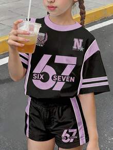 两件套少女休闲简约数字67印花短袖上衣和短裤套装，适合夏季穿着 - 彩色 - 查看 1
