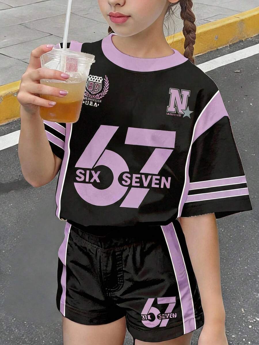 两件套少女休闲简约数字67印花短袖上衣和短裤套装,适合夏季穿着 - 彩色 - 查看 1