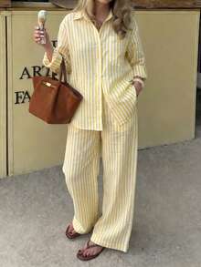 Vaclyn Women's Striped Single-Breasted Long Sleeve Top And Wide Leg Pants Casual Daily Set - Yellow - View 5