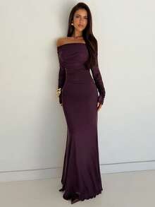 Aloruh Women's Solid Color Pleated Slim Fit Long Sleeve Evening Dress - Burgundy - View 4