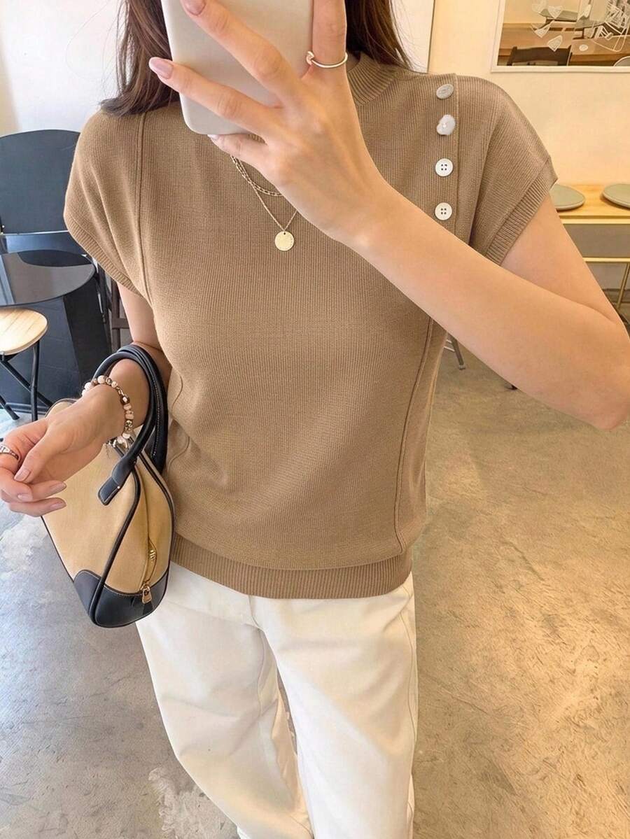 EMERY ROSE 女款素色圓領蝙蝠袖鈕扣休閒法式優雅針織毛衣,秋季穿搭,適合早午餐與辦公室,卡其色/駱駝色 - 摩卡棕 - 查看 1