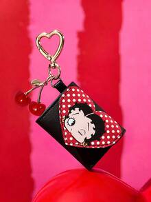 Betty Boop x SHEIN Vintage Polka Dot Cartoon Mini Jewelry Pouch, Heart Flap Design With Heart Clip & Cherry Charm, Portable For Rings Earrings Necklaces, Jewelry Storage - Multicolor - View 2