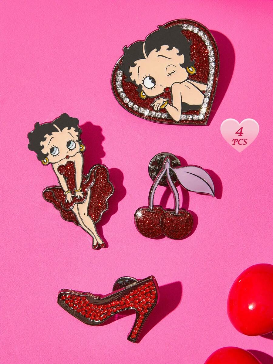 Betty Boop x SHEIN 4件組時尚可愛櫻桃卡通鋅合金胸針別針套組,包包吊飾,適合作為禮物、收藏品、紀念品 - 彩色 - 查看 1