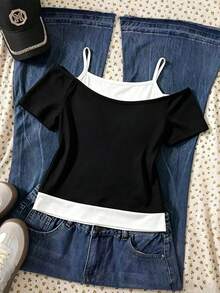 Girls' Creative Fresh Cute Rabbit & Cat Headphone Design Fun Letter Print 2 In 1 Off-Shoulder Spaghetti Strap Short Sleeve T-Shirt - Multicolor - View 2