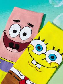 SpongeBob SquarePants | SHEIN 2 Pairs, Comfortable And Cute Cartoon Pattern Socks - color mixing - View 3