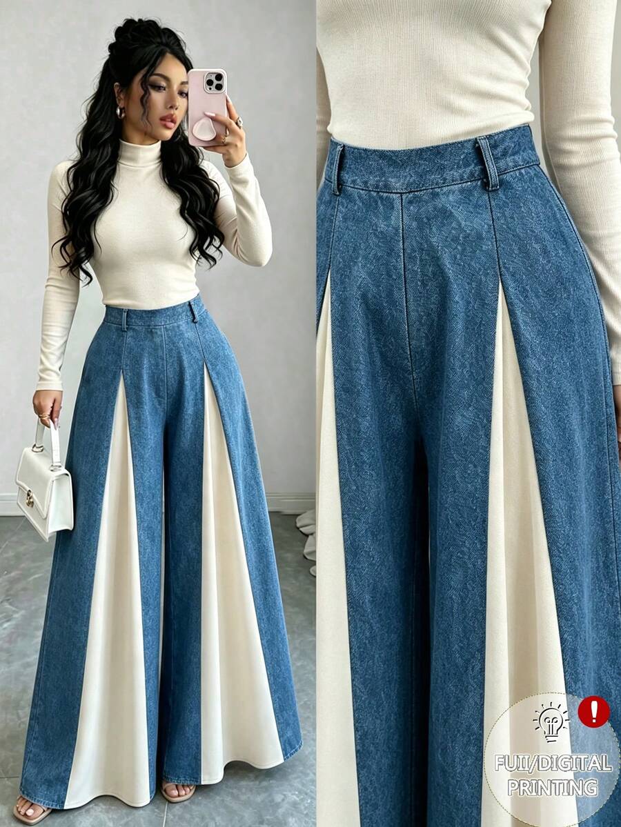 Elenzga Women's Denim Effect Print Wide Leg Loose Long Pants - Multicolor - View 1