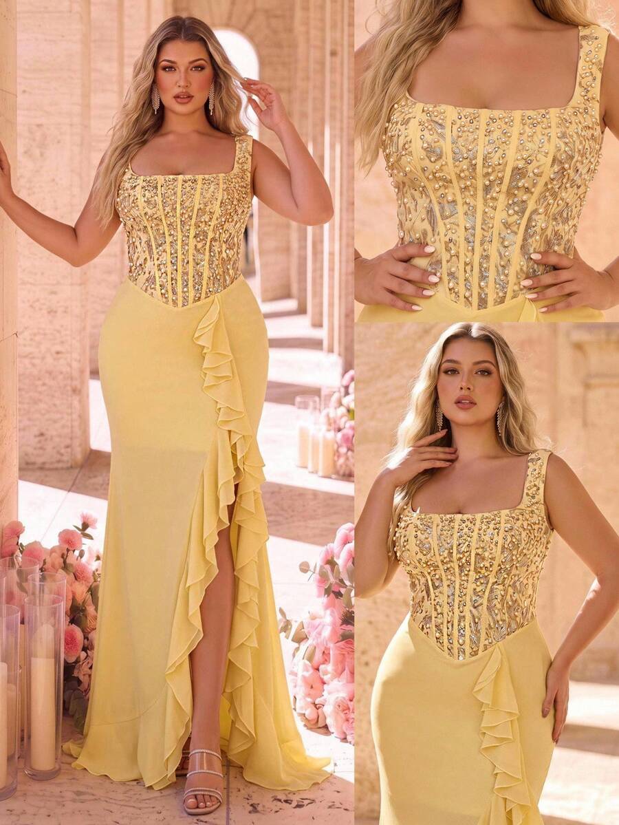 Glamrae Plus Size Elegant Luxurious Yellow Embroidered Sequin Lace Patchwork Satin Off-Shoulder Hanging Sleeve Mermaid Skirt Slit Drape Wedding Evening Party