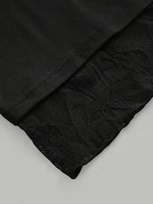 SHEIN 青少年女孩 T-Shirt，秋季黑色針織收腰設計對比蕾絲 2 合 1 T-Shirt，返校穿搭，長袖上衣，黑色上衣，休閒 - 黑色 - 查看 6
