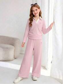 Tween Girls 8-12Y 2Pcs Pink Textured Set, Contrast White Collar V Neck Long Sleeve Top Wi - Baby Pink - View 5